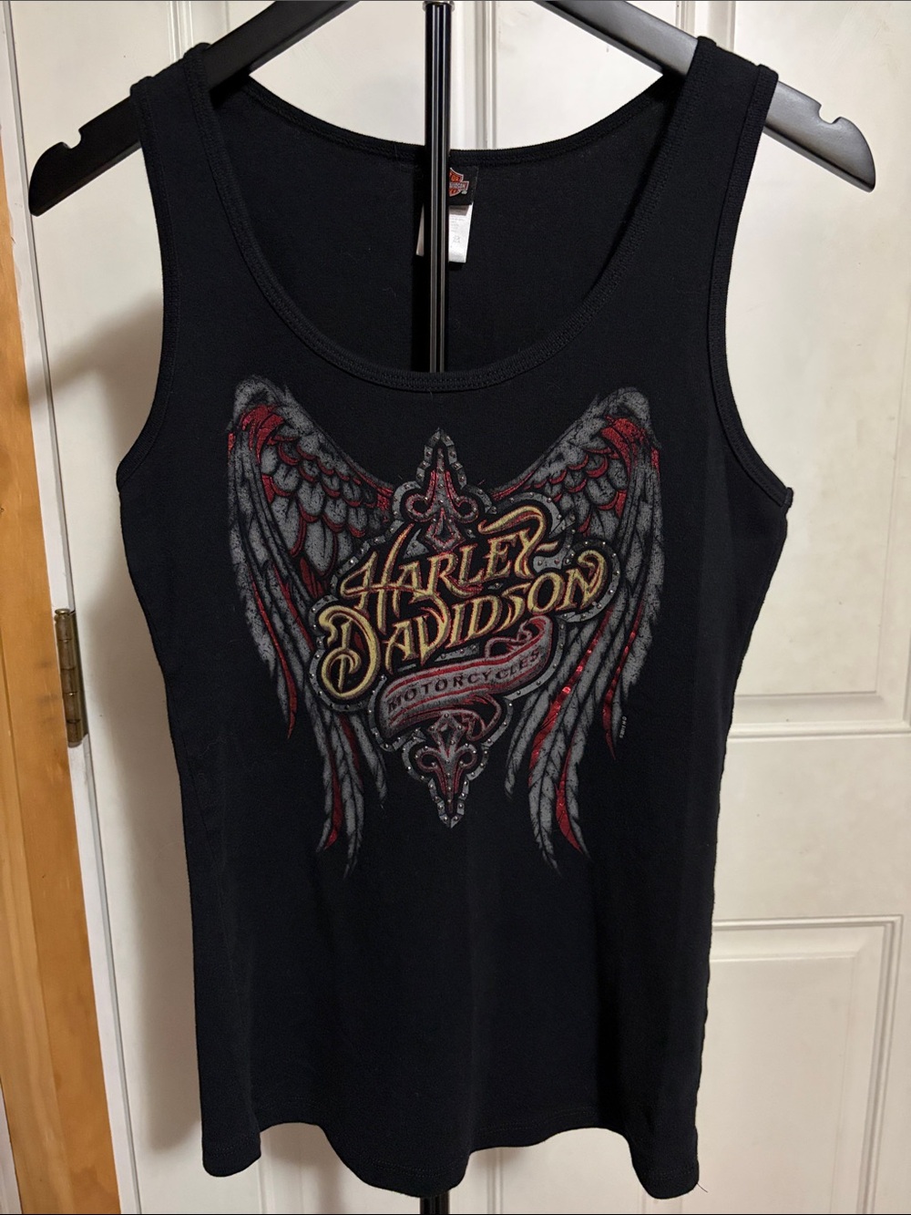 Harley Davidson Black Ribbed Tank Top Red and Silver Wings Graphic Rhinestones